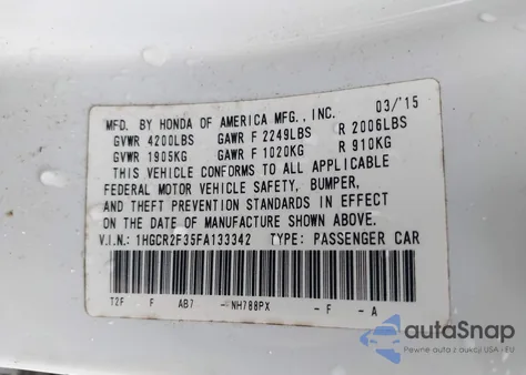 2015 Honda Accord Lx from USA, damaged, VIN 1HGCR2F35FA133342